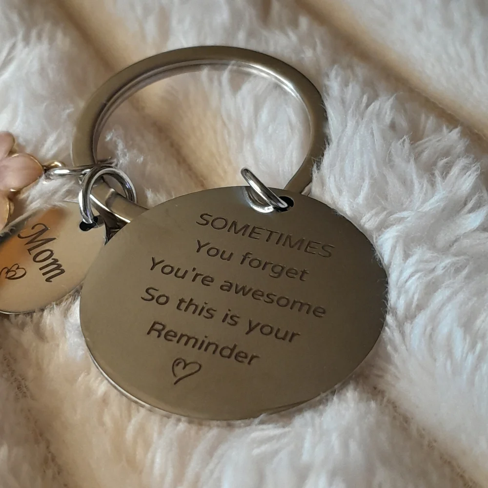 Engraved Silver Mom Keychain with Pink Charm Mother's Day